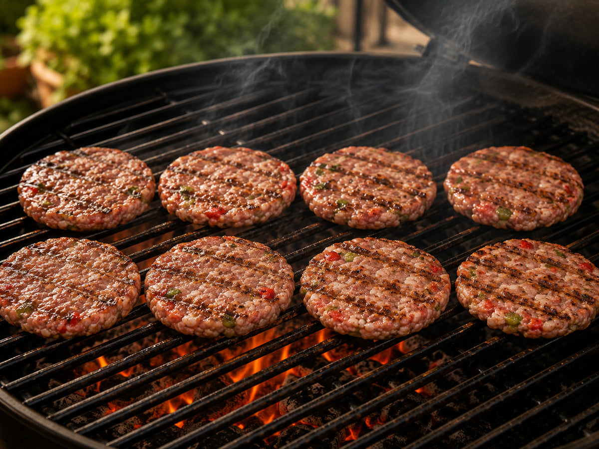 Fresh sausage patties with peppers and onions cooking on grill, 8 patties with grill marks