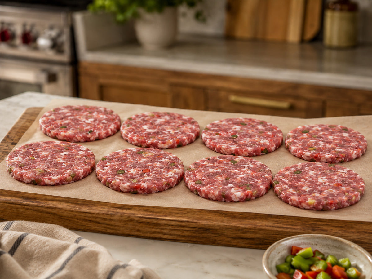 Fresh made daily sausage patties with peppers and onions, 8 raw patties on wooden board in kitchen