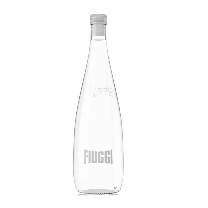 Clear glass bottle with a gray cap on a white background, featuring the brand 'Fluggi'