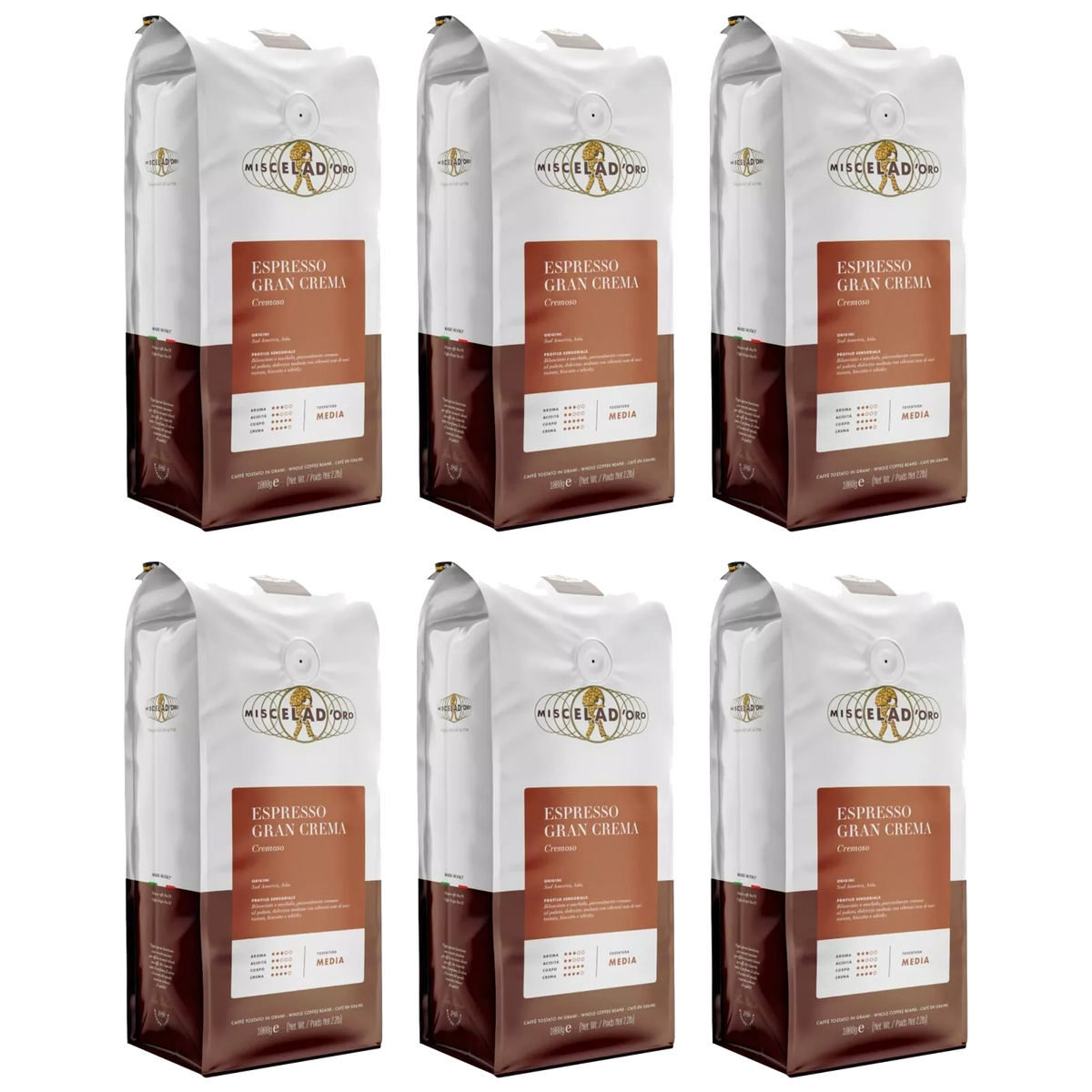 Espresso - Miscela D'Oro Gran Crema Roasted Beans - SIX -2.2 Lb Bag 