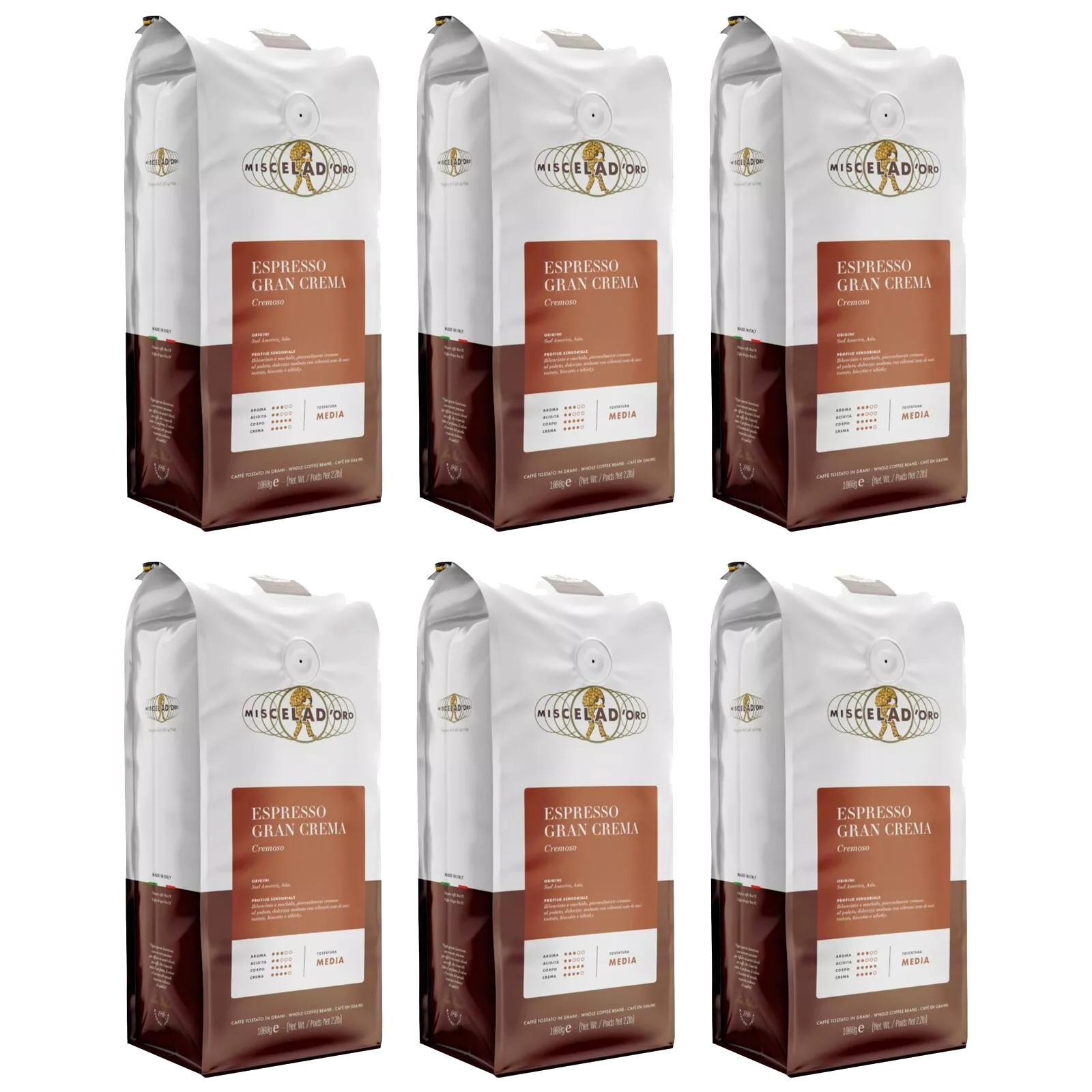 Espresso - Miscela D'Oro Gran Crema Roasted Beans - SIX -2.2 Lb Bag 