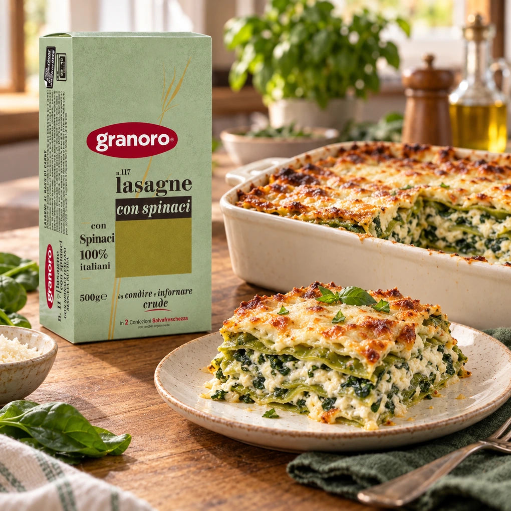 Granoro spinach lasagna box beside baked spinach lasagna and a plated serving on a wooden table