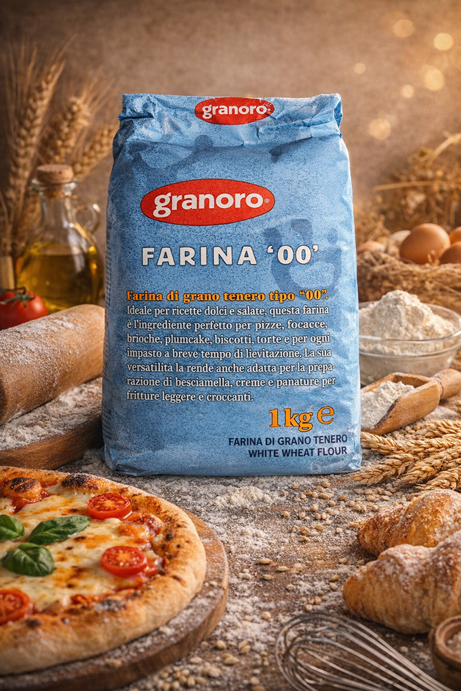 Bag of granoro Farina '00' flour with a rustic background.