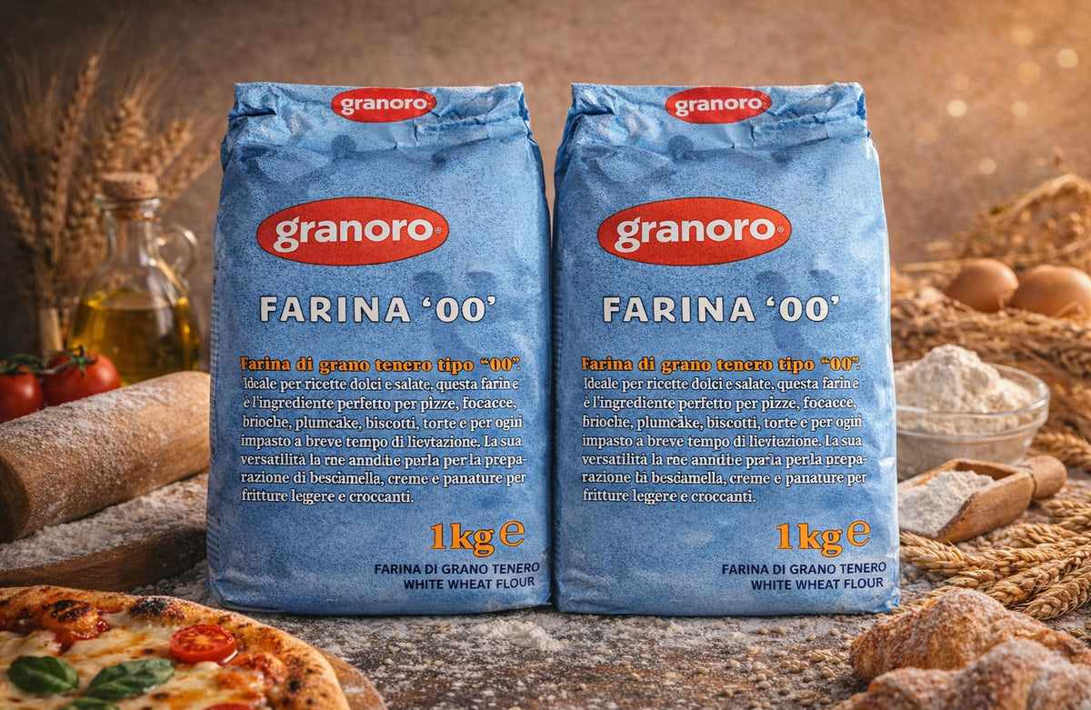 Two bags of granoro Farina '00' flour with a rustic background featuring Pizza and tomatoes.