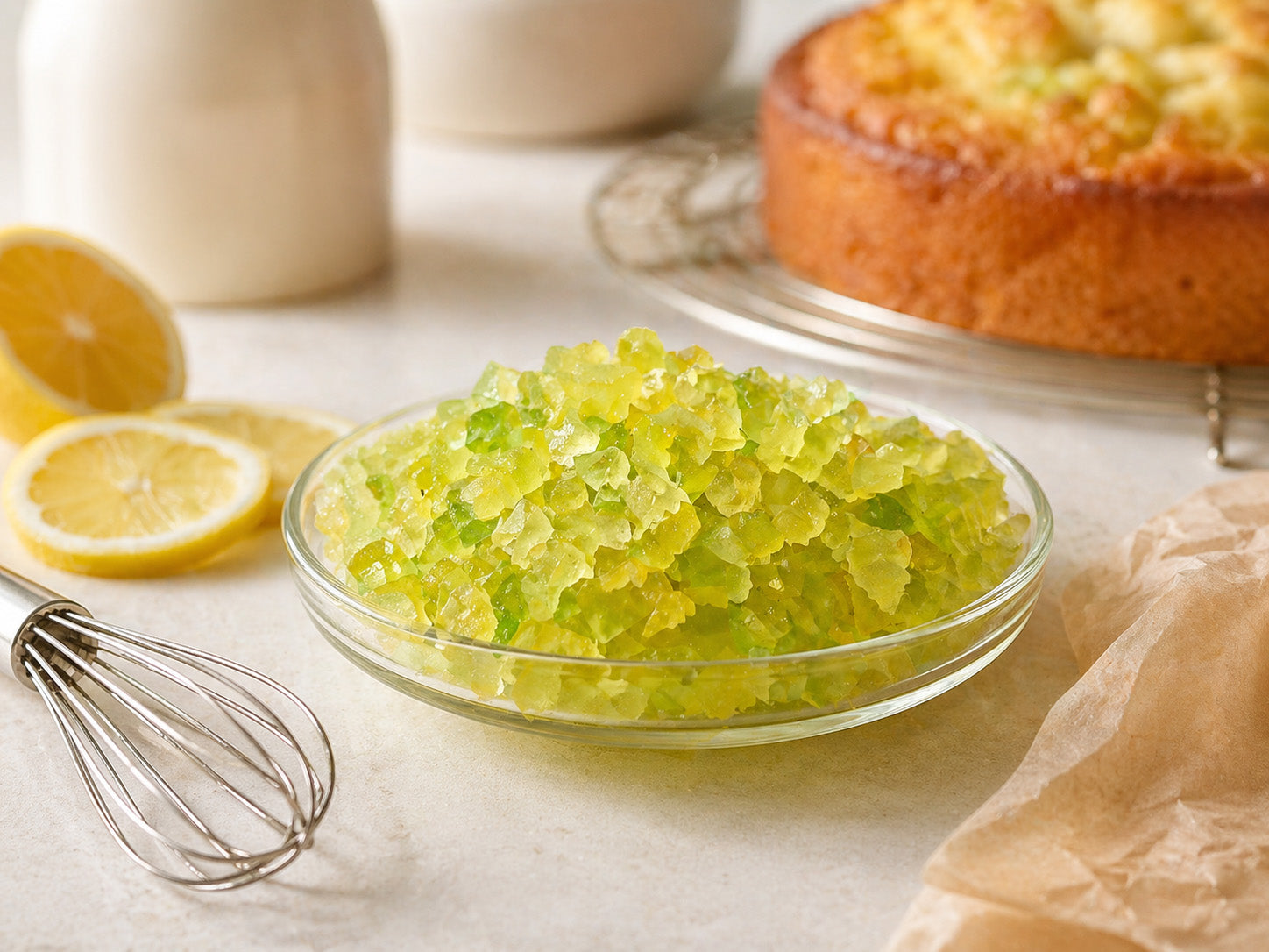 Clear bowl with hand cubed Citron on a light surface with lemons and a cake in the background