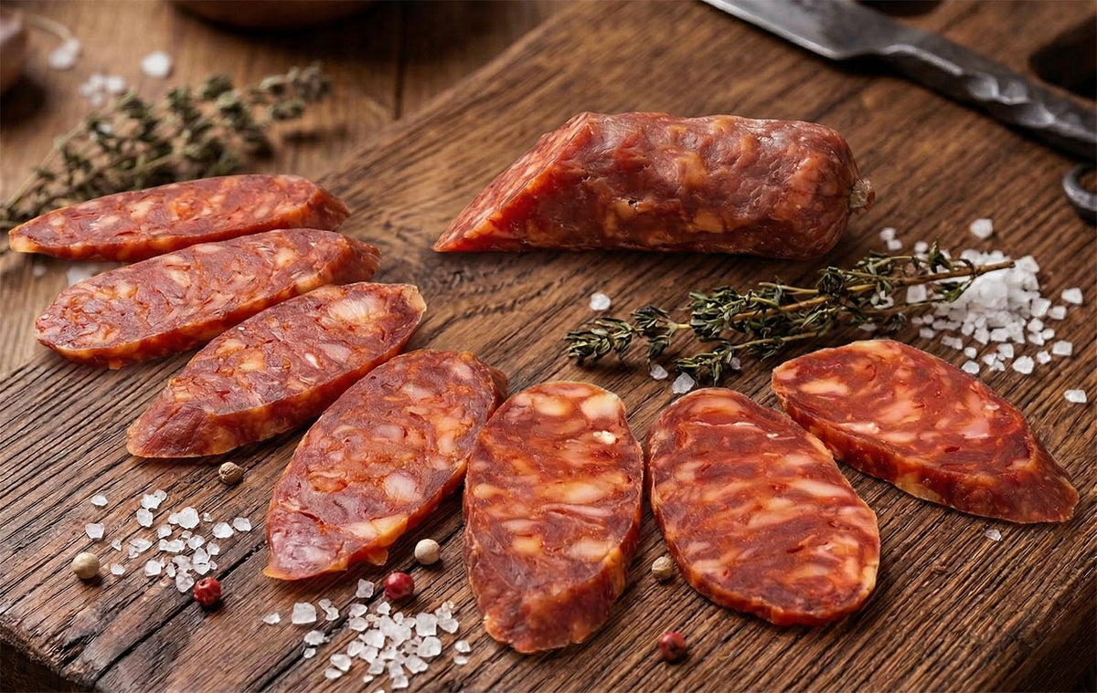 hot-dry-sausage-frank-and-sal-brand on a wooden board 