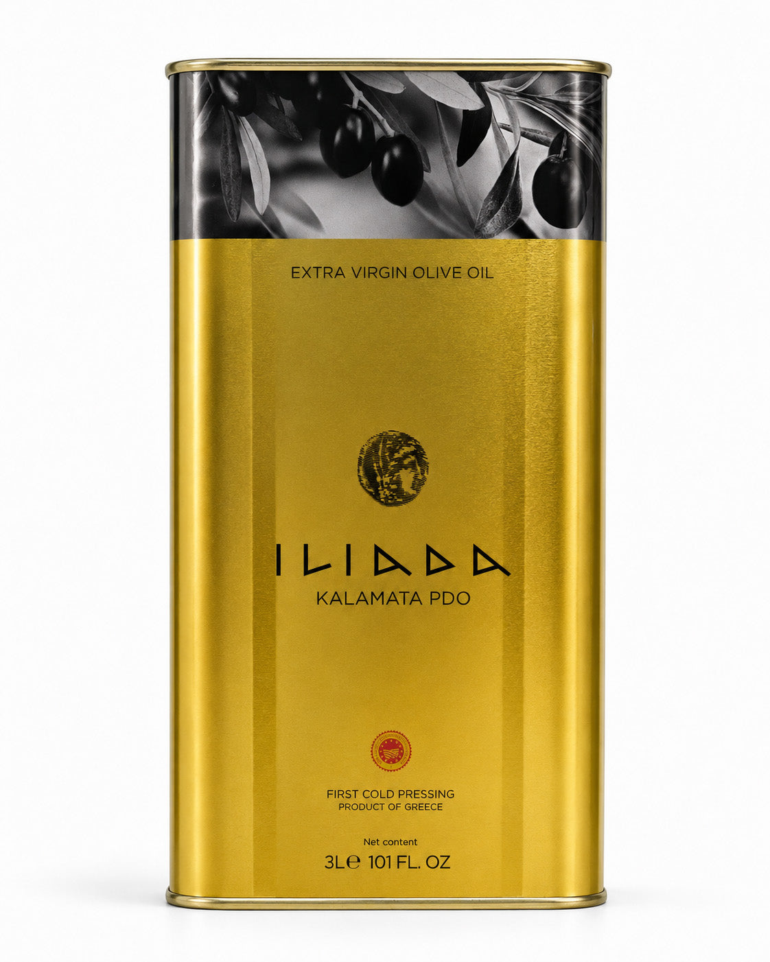 A 3L metal tin of Iliada Kalamata PDO extra virgin olive oil, featuring a metallic gold body with a black and white photograph of olives on the upper section.
