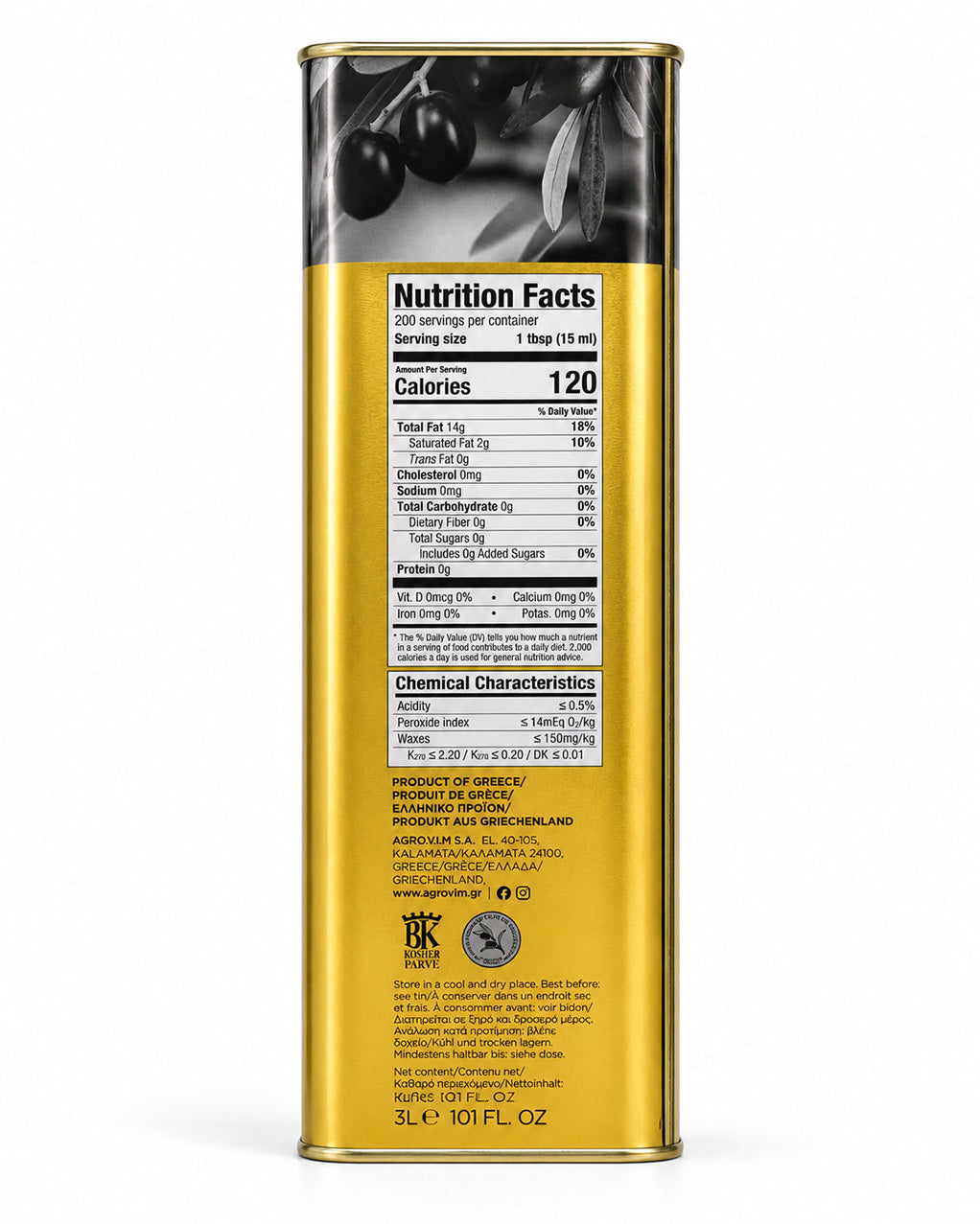 Olive Oil - Iliada Extra Virgin Olive Oil Tin, 3 Liter nutrition facts -Kosher certification