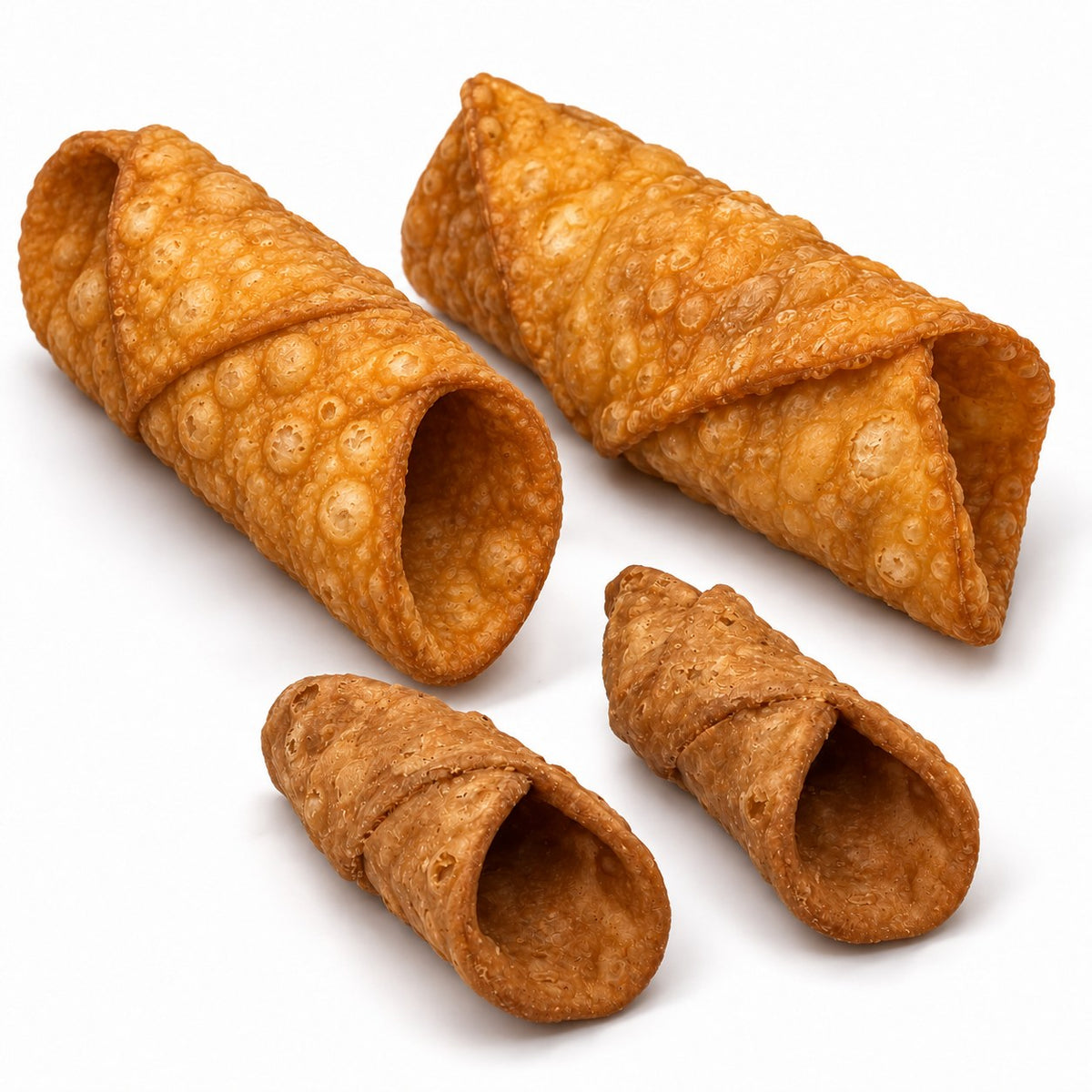 Imported Sicilian cannoli shells in large 5-inch and mini 3-inch sizes on a white background