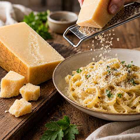 Grating Grana Padano over a plate of pasta 