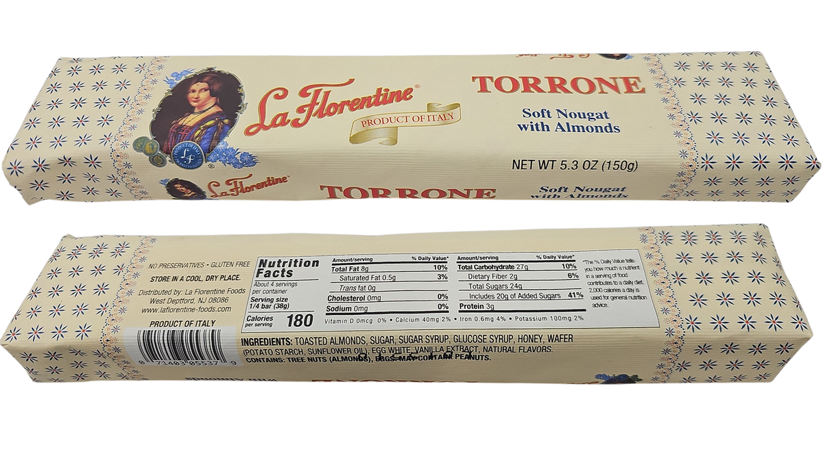 La Florentine Torrone packaging with a close-up of the nutrition label.