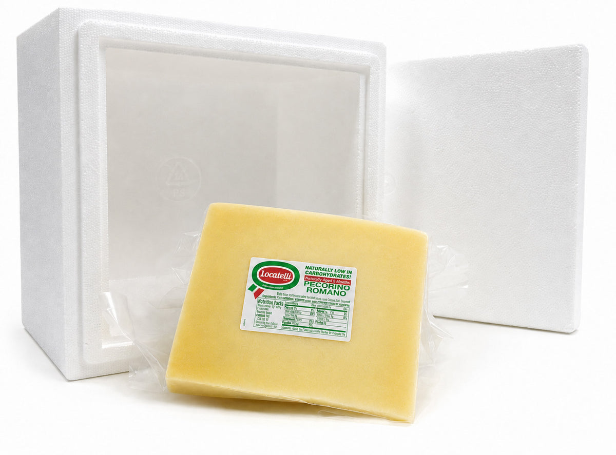 A wedge of Locatelli Pecorino Romano cheese with the cooler used for shipping 