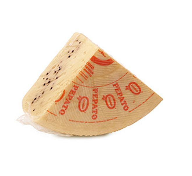 Conical wedge of Locatelli Pepato with 'Pepato' branding on a white background