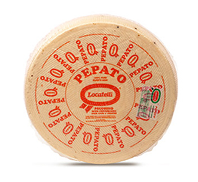 Round wheel of Pepato cheese with Locatelli  branding. 