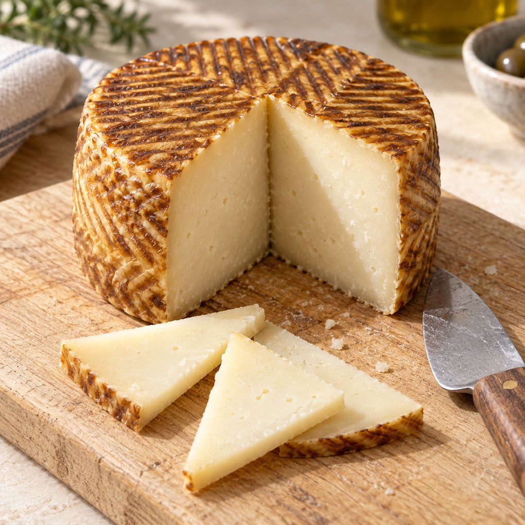 Maese Miguel Manchego cheese mini wheel cut open, showing its pale ivory interior, thin slices and golden patterned rind

