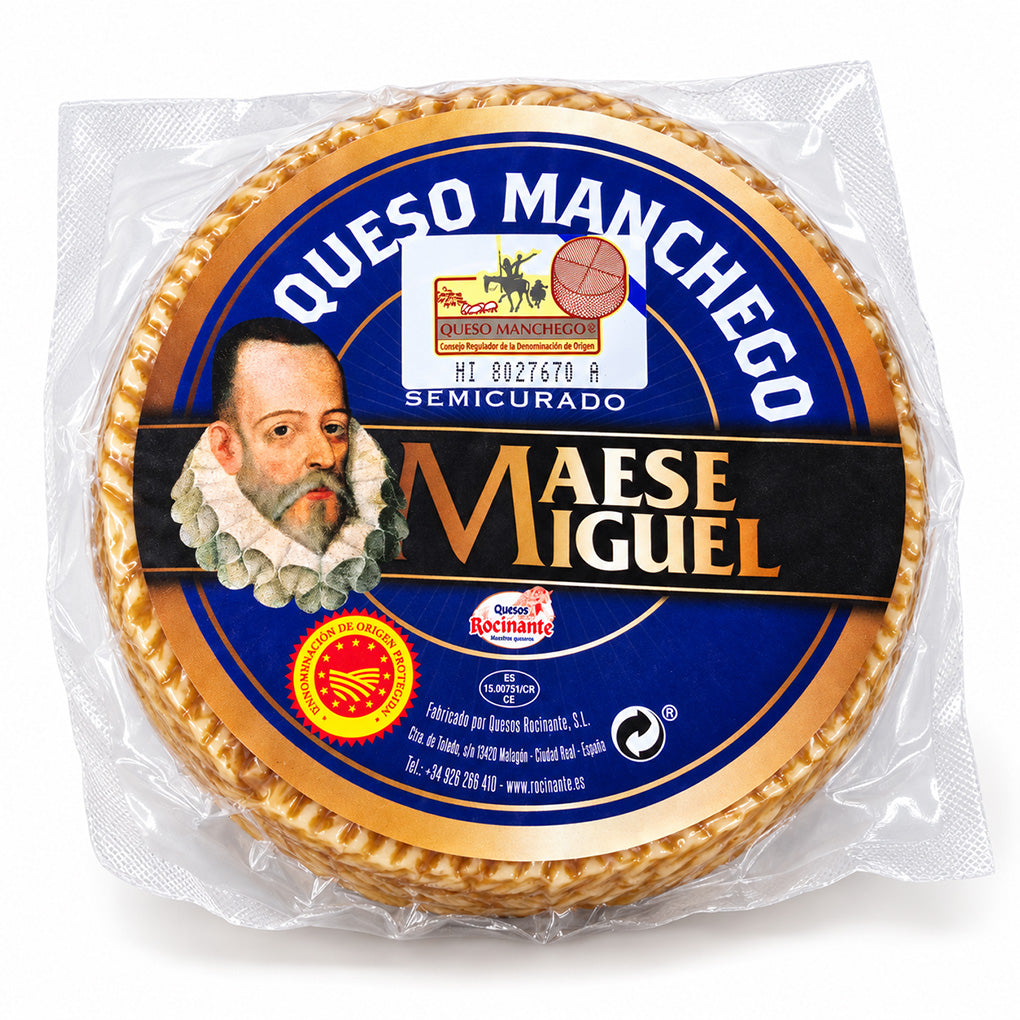 Maese Miguel Manchego DOP mini cheese wheel, approximately 1 lb (450 g), in its original labeled packaging
