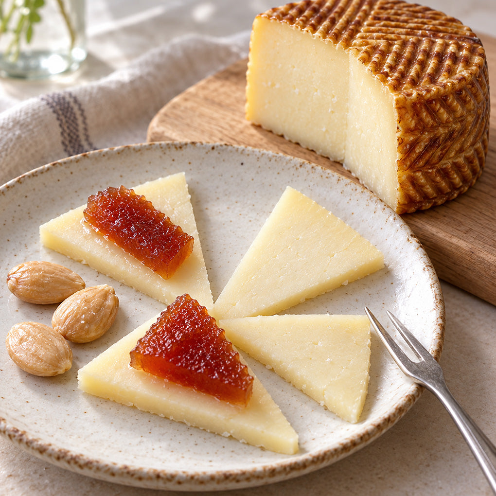Thin slices of Maese Miguel Manchego cheese topped with quince paste and served with Marcona almonds
