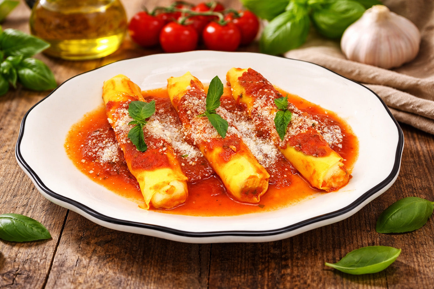 # manicotti in a plate with sauce madee by Frank and Sal 