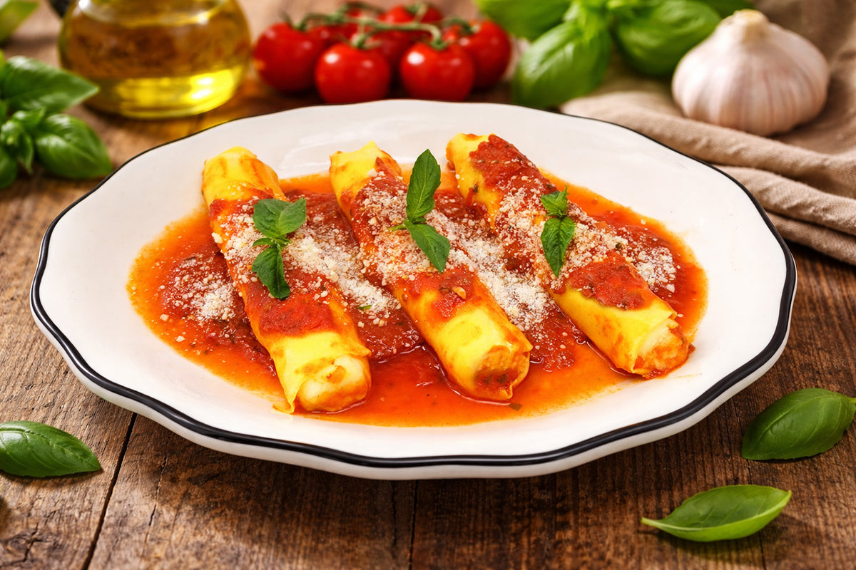 manicotti in a plate with sauce made by Frank and Sal 