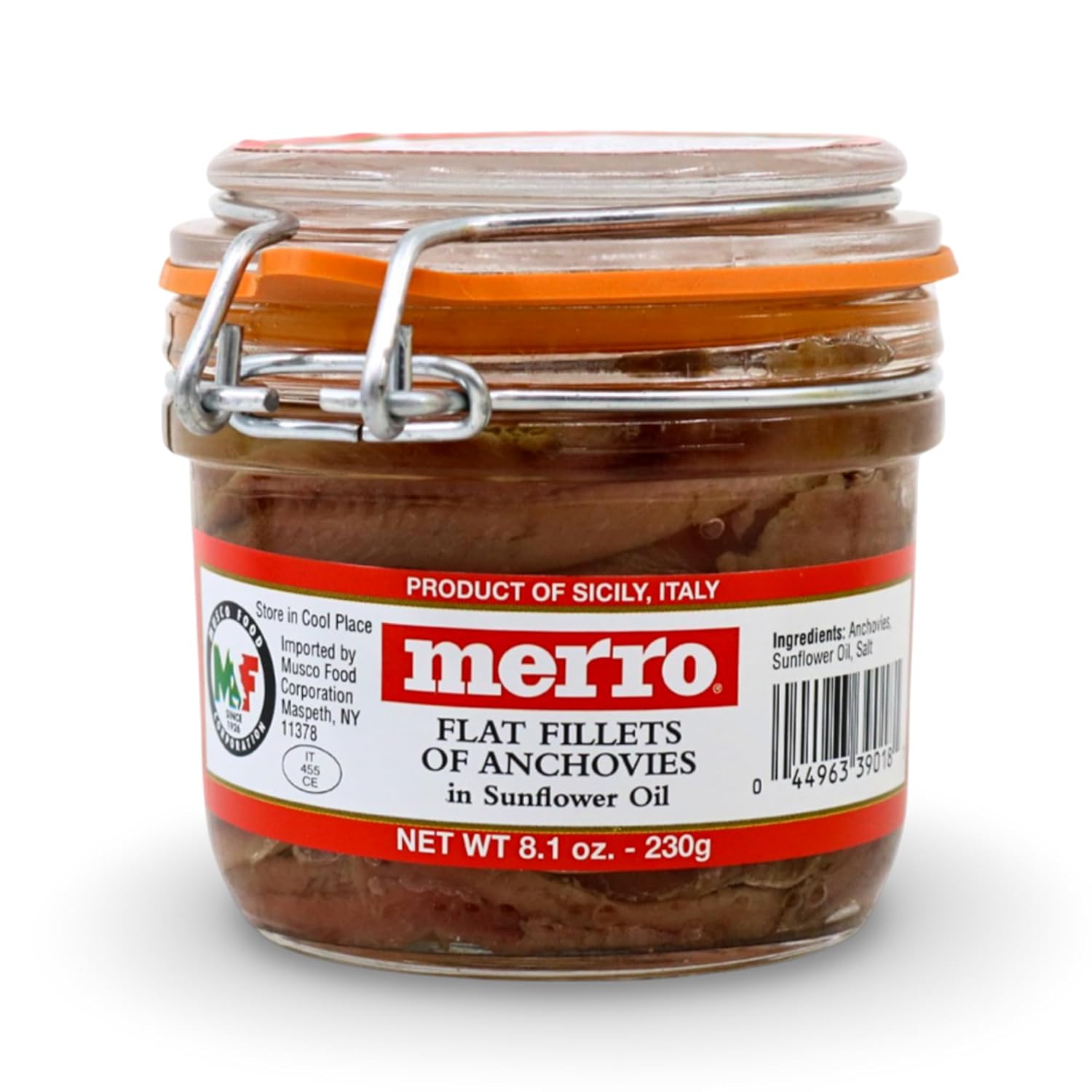 Jar of merro flat fillets of anchovies on a white background