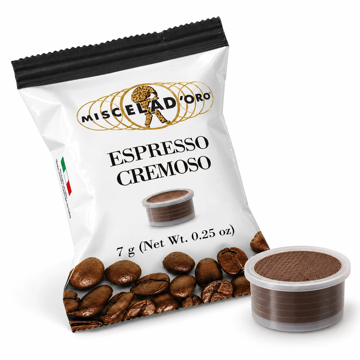 Miscela d'Oro Cremoso Espresso Point capsule beside its black and white wrapper