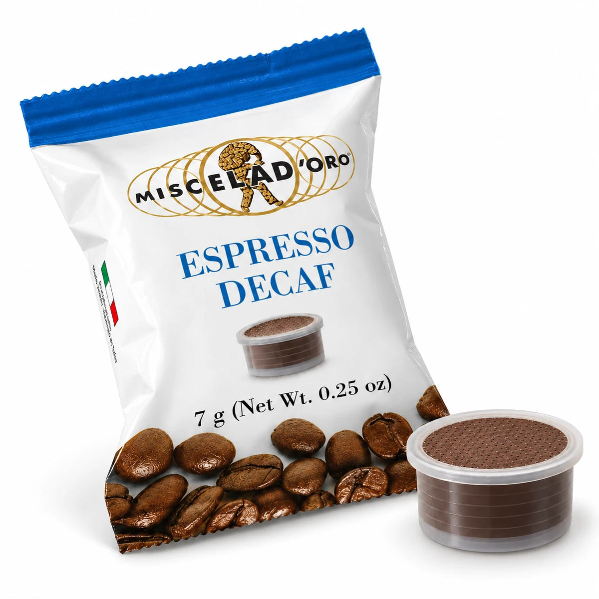 Miscela d'Oro Decaffeinated Espresso Point capsule beside its blue and white Espresso Decaf wrapper