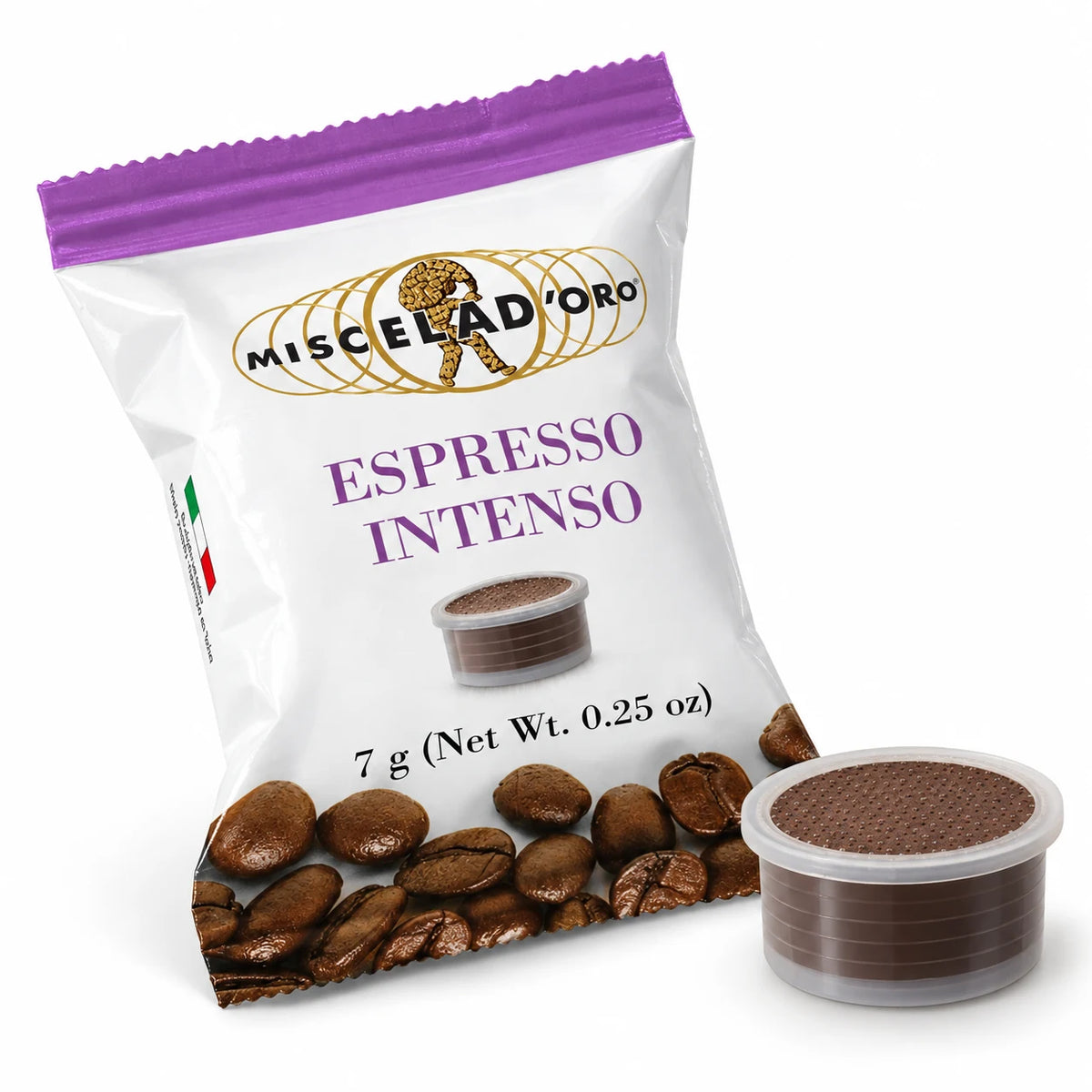 Miscela d'Oro Intenso Espresso Point capsule beside its purple and white wrapper