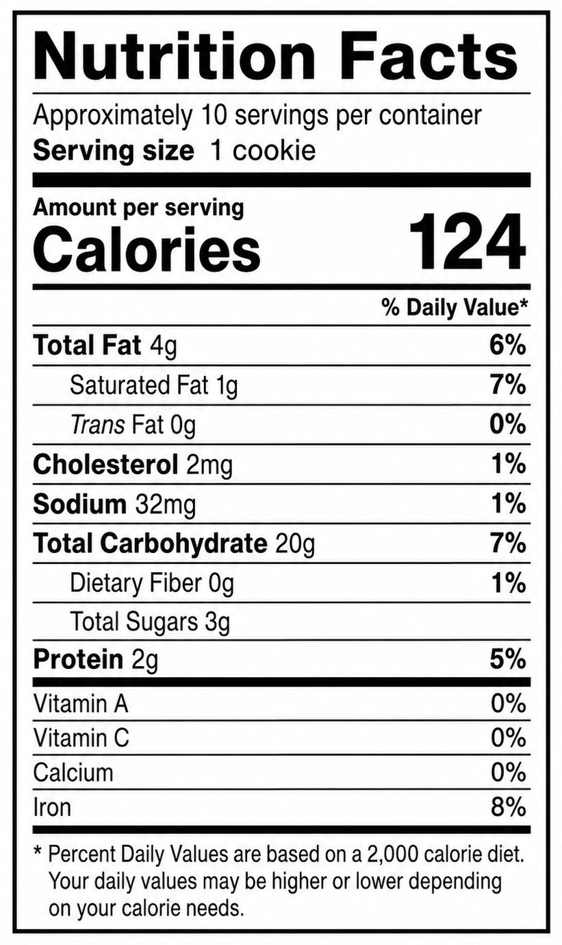 Nutrition facts label for Mama Raos-Lemon Drop Cookie with detailed calorie and ingredient information.
