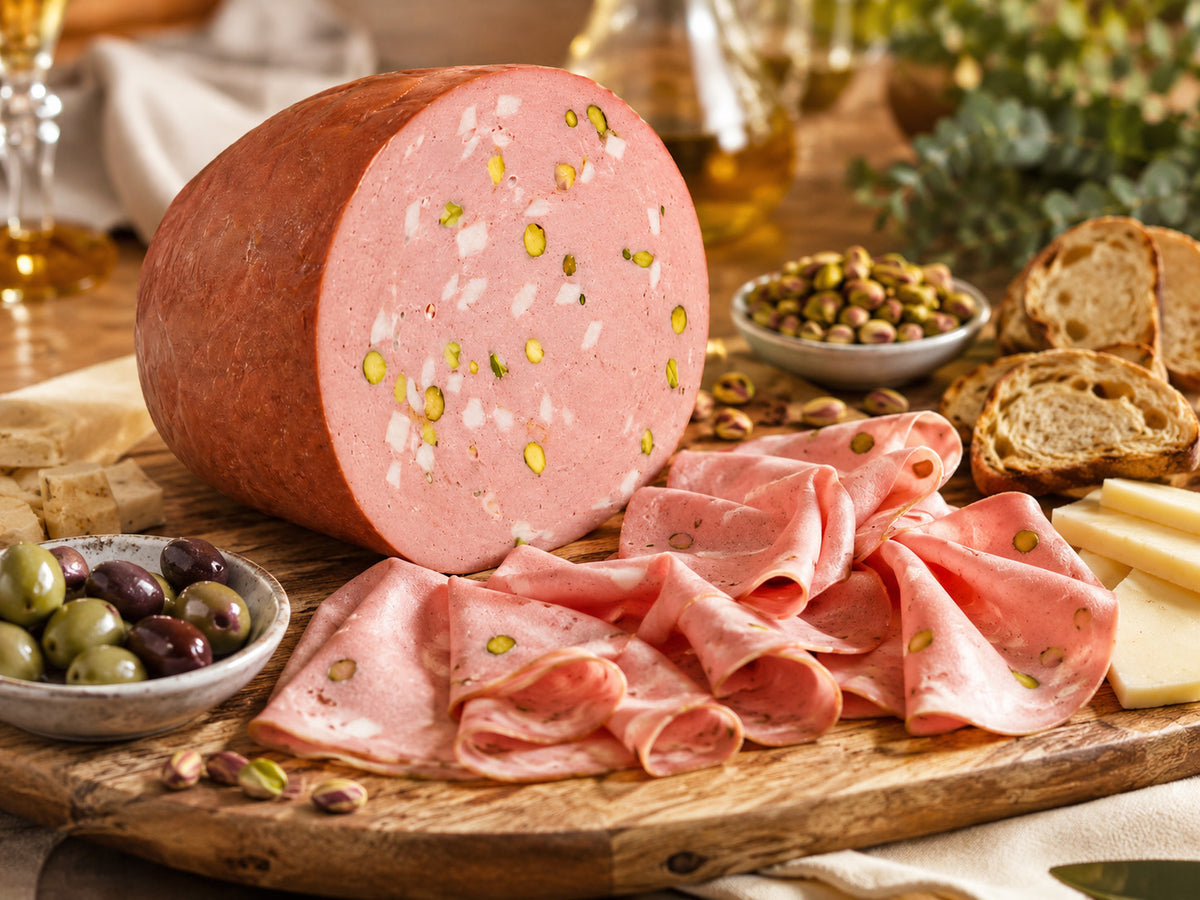 Rovagnati Mortadella with pistachio on a cutting board 