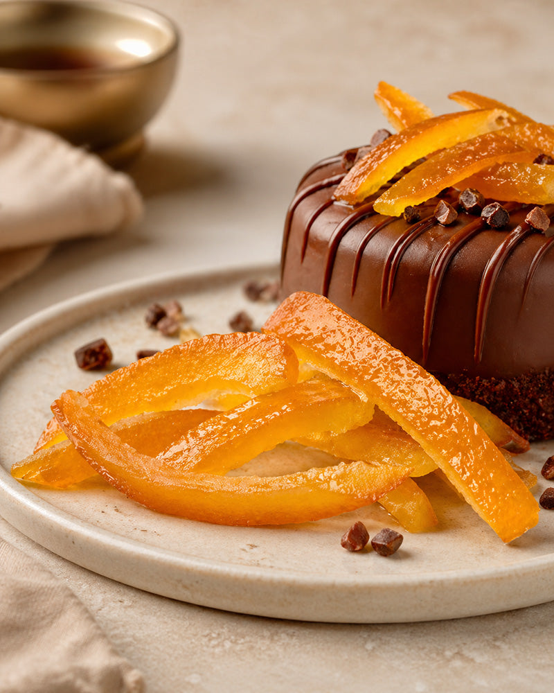 Candied Orange peel Decorating a chocolate cake 