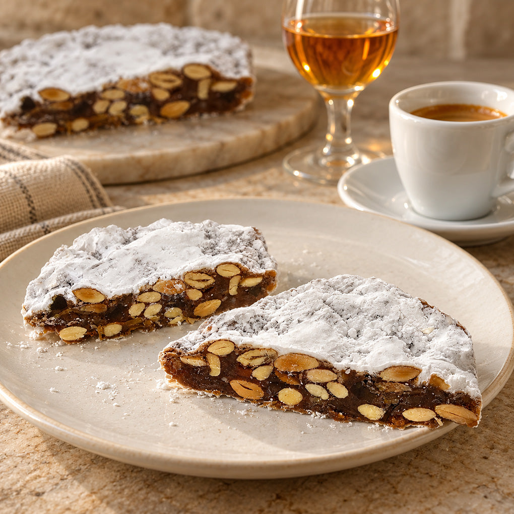 La Florentine Panforte slices served with espresso and Vin Santo