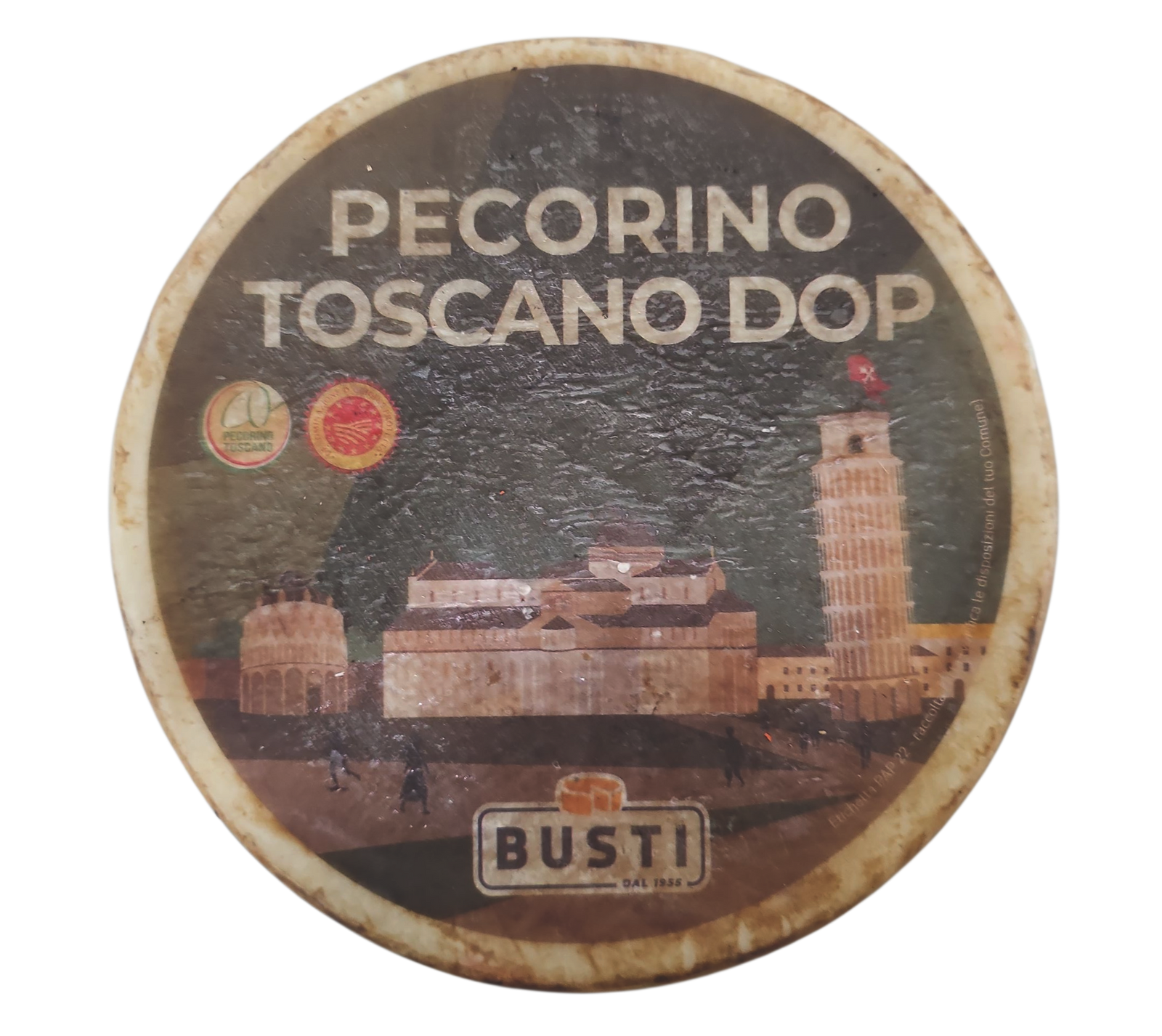 Round Pecorino Toscano Dop label with architectural design and BUSTI branding.