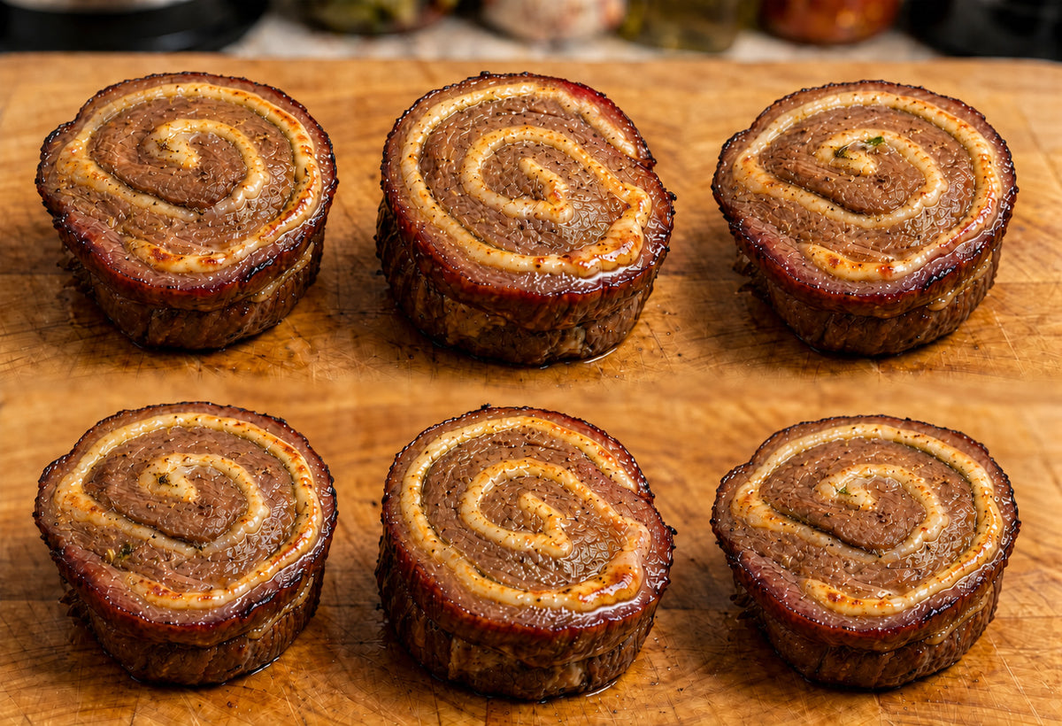 Cooked Stuffed Flank Steak Pinwheels Made Fresh Daily Pack Of 6 (Italian Stuffed Beef Rolls) Ion a wooden 