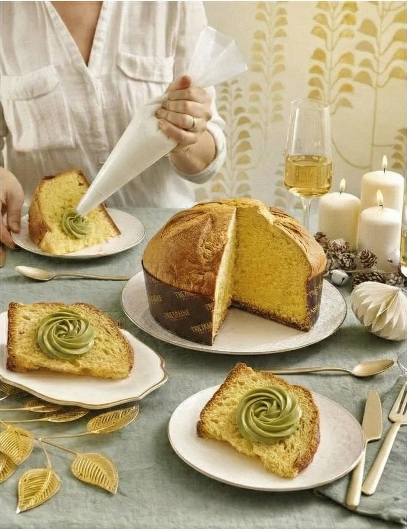 Piping Pistachio cream on a Tre Marie