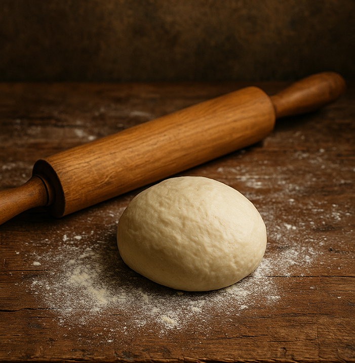 Wooden rolling pin and ball of Pizza dough on a wooden surface with flour, against a dark background