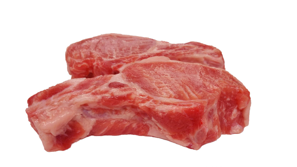A set of two raw Premium Reserve thick-cut pork chops displaying marbling and pink color.