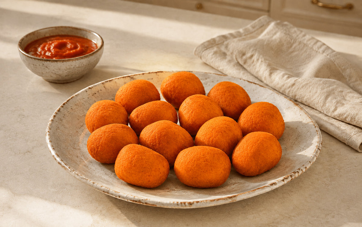 Prosciutto rice balls served on a light ceramic dish, with a small bowl of red dipping sauce and a folded beige cloth on a tabletop.