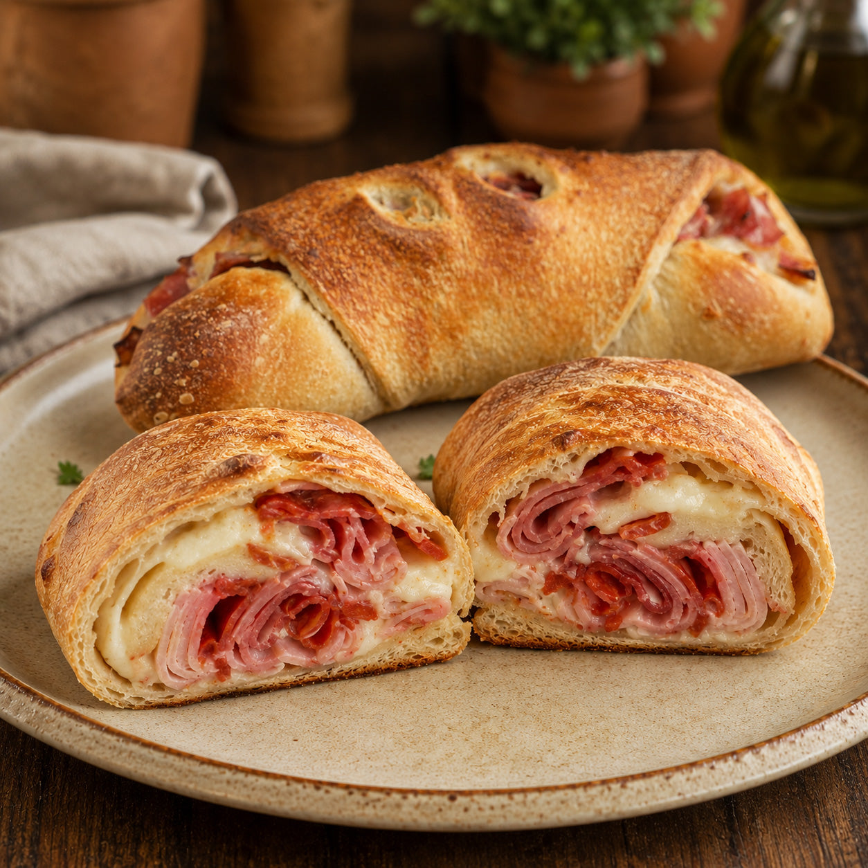 Stromboli stuffed with melted cheese and sliced pepperoni, served on a plate