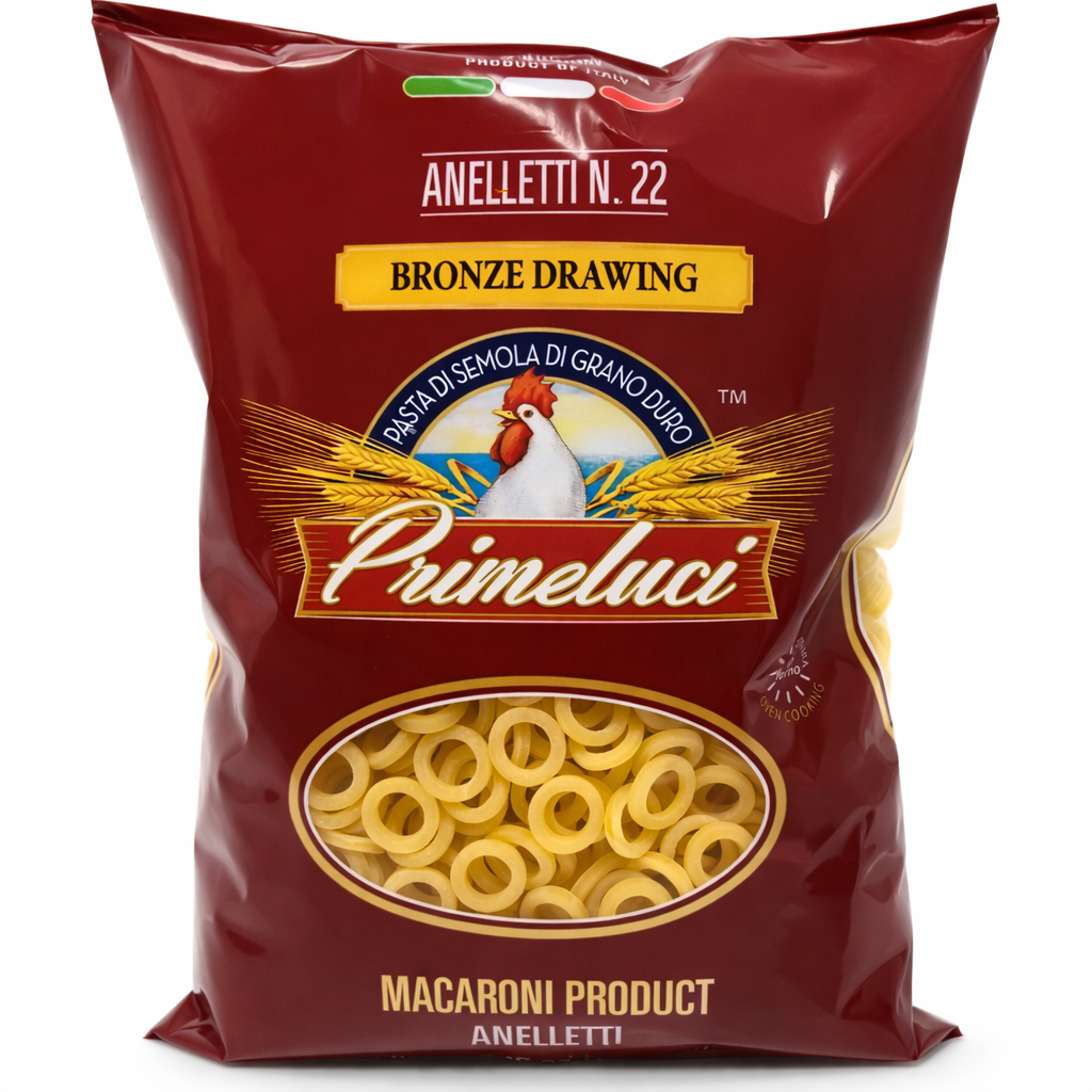 Bag of Primeluci Anelletti pasta on a white background