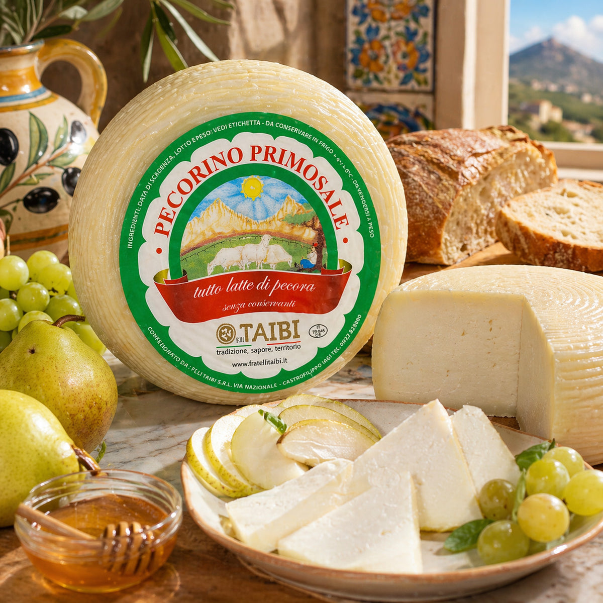 Pecorino Primosale cheese with a rustic setting featuring bread, fruit, and honey.