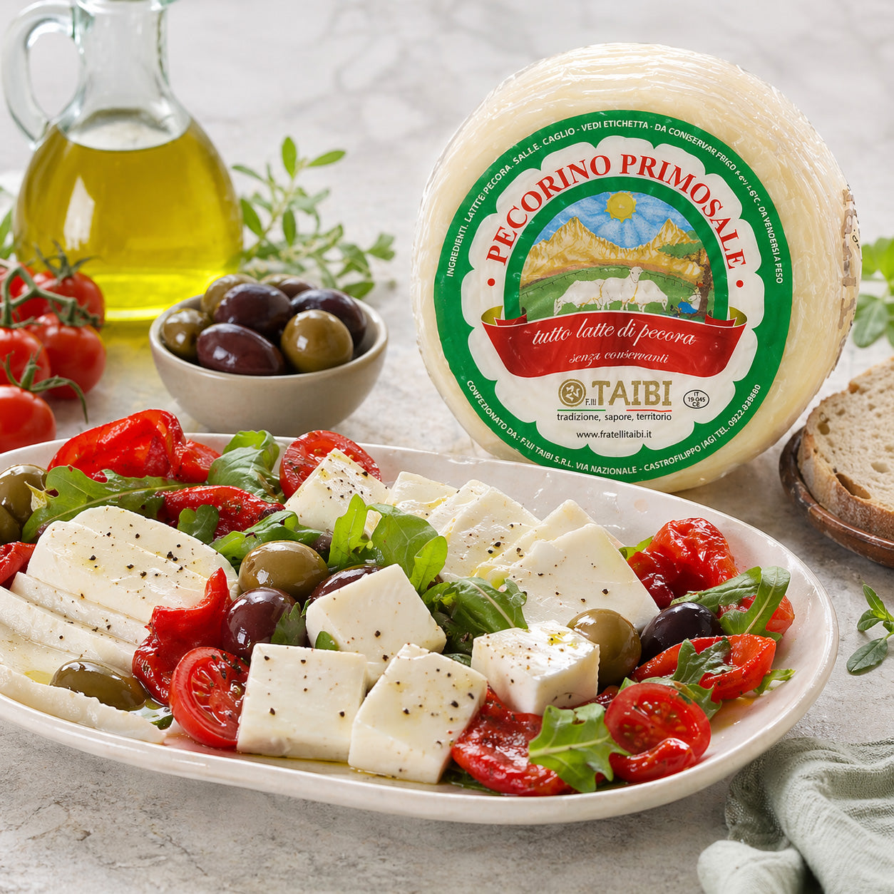 Pecorino Primosale cheese with a salad on a table