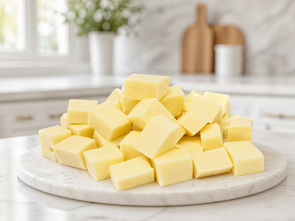 Cubes of provolone on a marble board in a kitchen setting