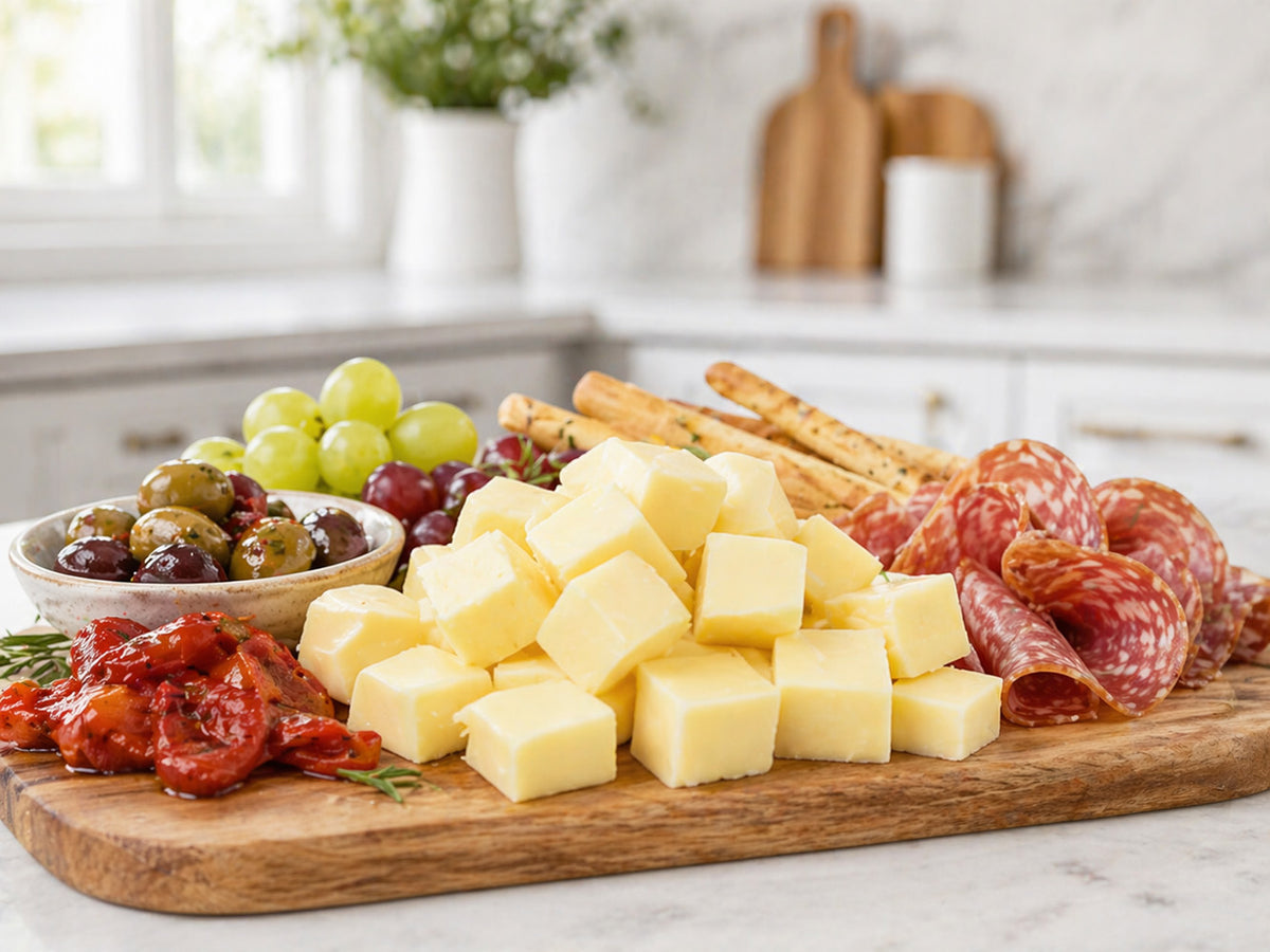 Hand-cubed provolone-cured meats,  grapes and olives on a wooden board in a kitchen setting.