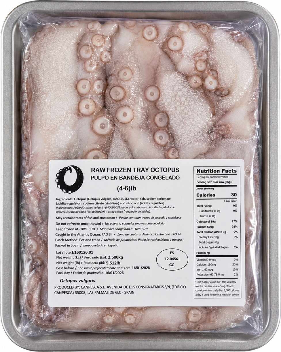 Packaged raw frozen Spanish octopus 4 to 6 pound average with labels on a metal tray
