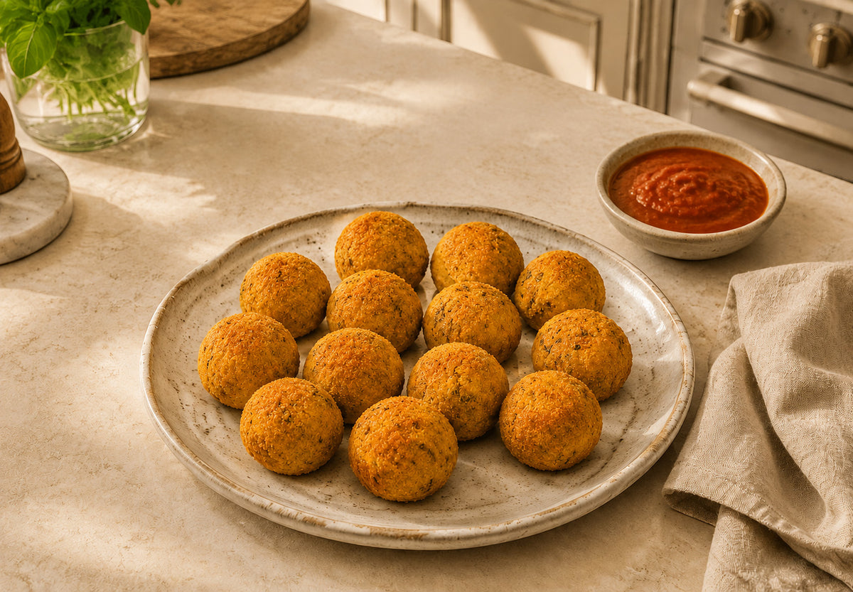 A plate of golden-brown fried Spinach Rice balls on a light beige ceramic plate, set on a marble countertop next to a small bowl of red marinara sauce.
