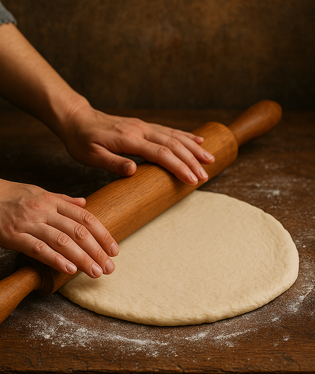 Person rolling pizza dough with a wooden rolling pin on a wooden surface