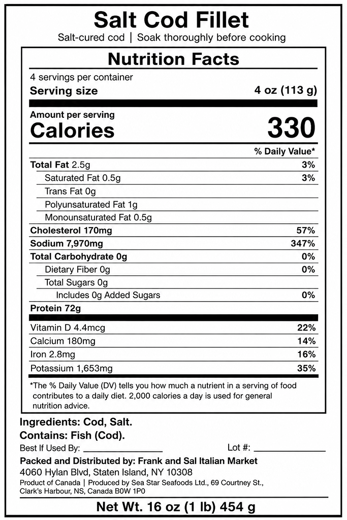 Nutrition label for Salt Cod Fillet with detailed nutritional information.