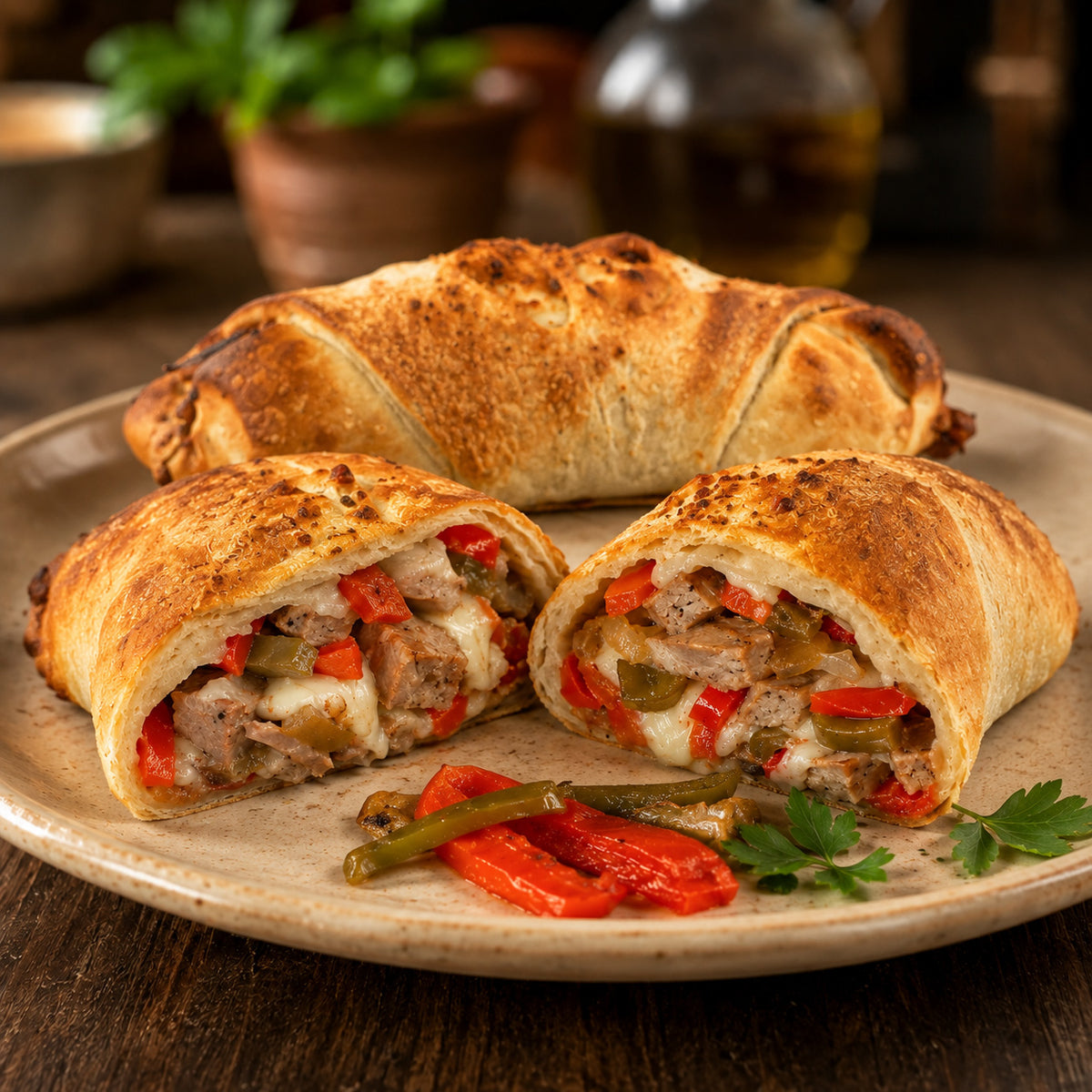 Prepared food Sausage and Pepper rolls on a beige plate whole and cut in half.