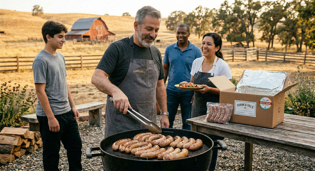 Family gathered around a grill with a box of Frank and Sal Sausages