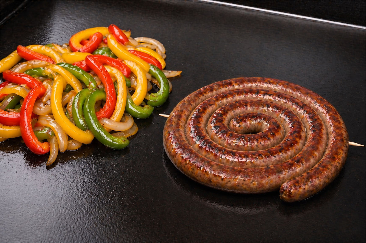 Italian Ring Sausage on the grill with Peppers and onions 